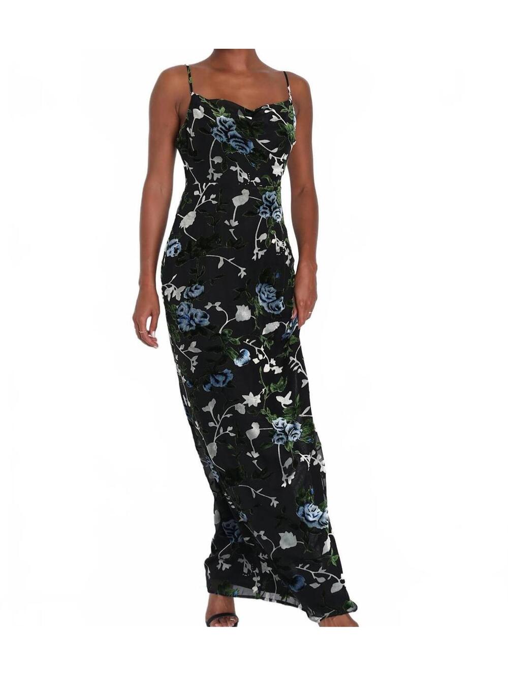 Lulus Velvet Floral Burnout Maxi Dress Cowl Neck Black Blue Small NWT